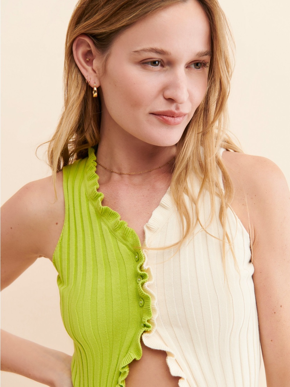Colorblock Ruffle-Trim Ribbed Crop Top — Lime Green & Cream - Picture 3 of 9